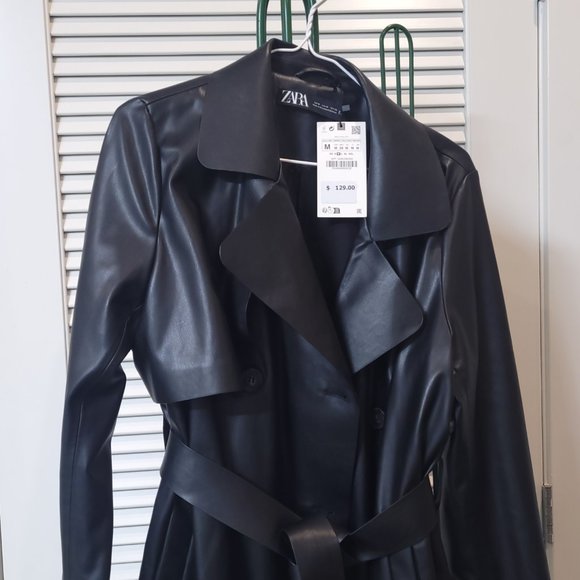 Zara black FAUX LEATHER BELTED TRENCH - Picture 5 of 5
